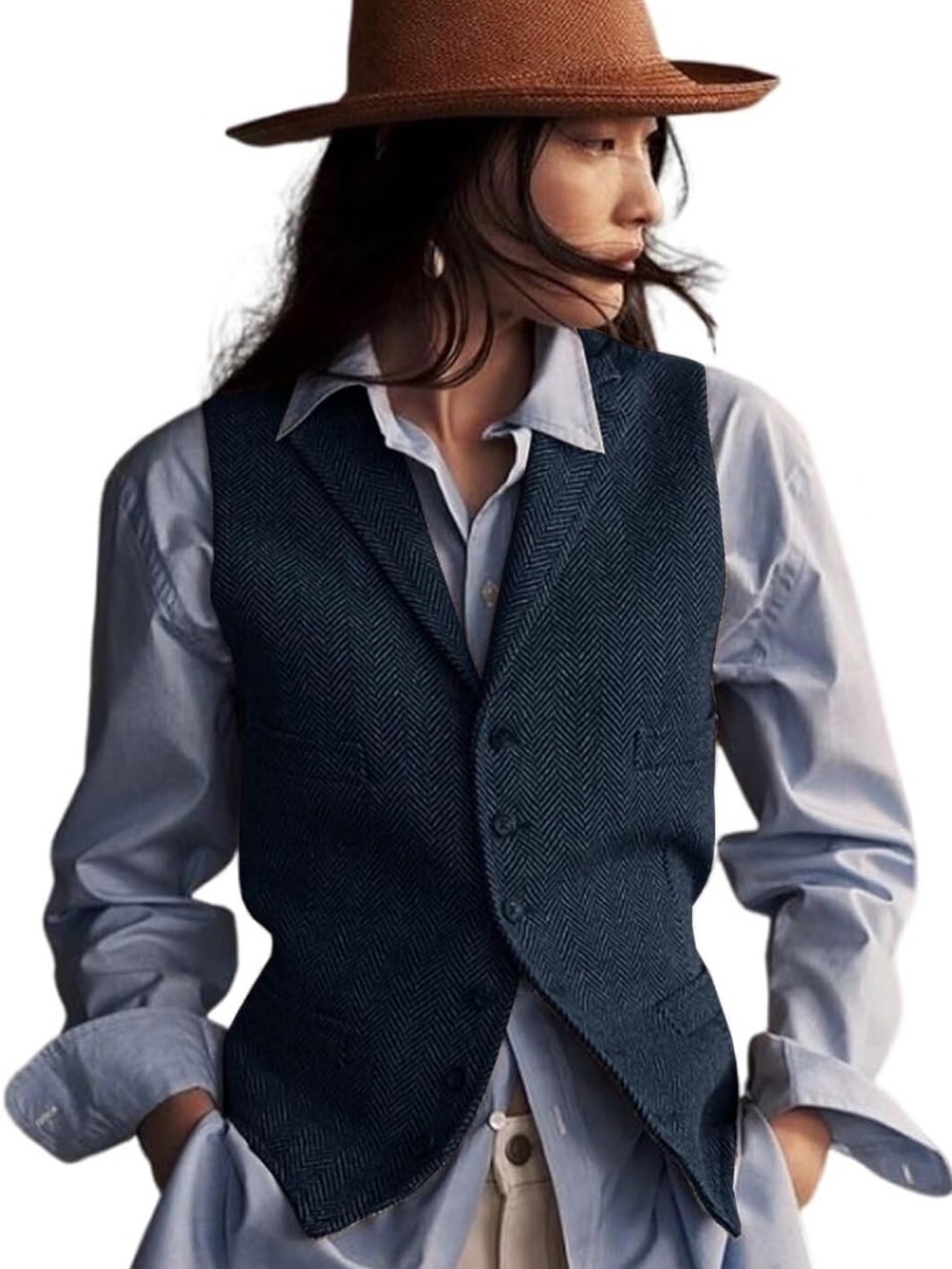 Classic Herringbone Navy Vest - women Men's style Tailored Waistcoat